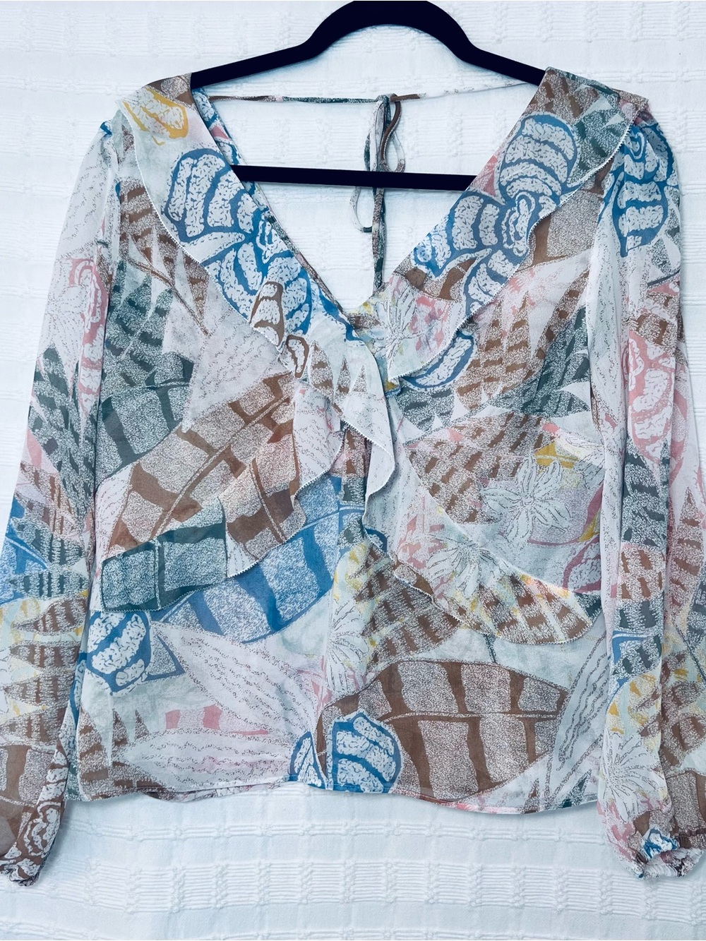 White House Black Market Sheer Floral Ruffle V-Neck Blouse - Blue, Brown, Pink